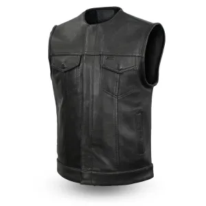 Mens Motorcycle Platinum Thick Leather Collarless Son Of Anarcy Gunpocket Vest