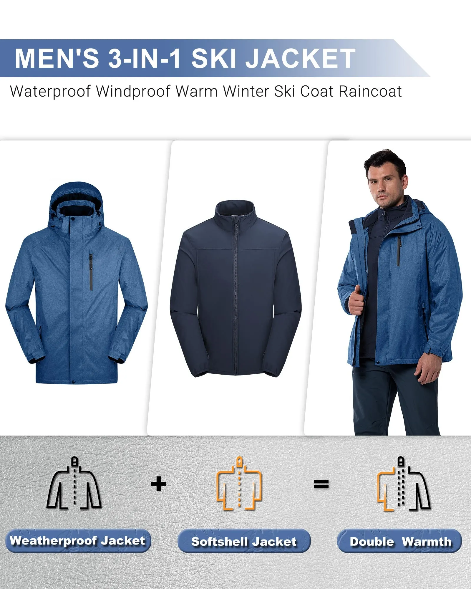 10000mm W/P Index 5000 Level Breathable Men's 3-in-1 Ski Winter Jacket with Fleece Lined Softshell and 10 zipper pockets