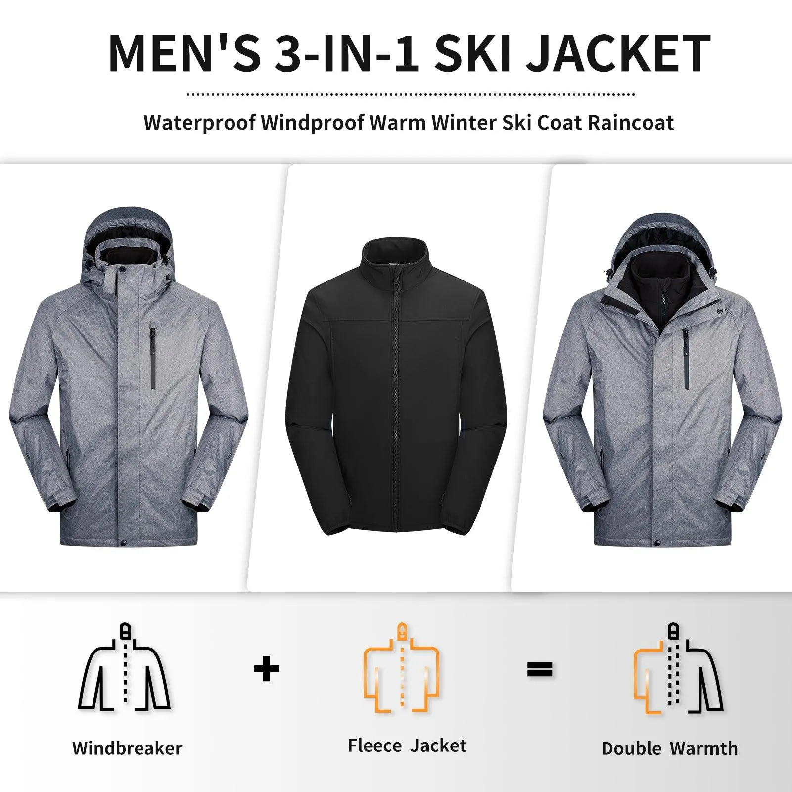 10000mm W/P Index 5000 Level Breathable Men's 3-in-1 Ski Winter Jacket with Fleece Lined Softshell and 10 zipper pockets