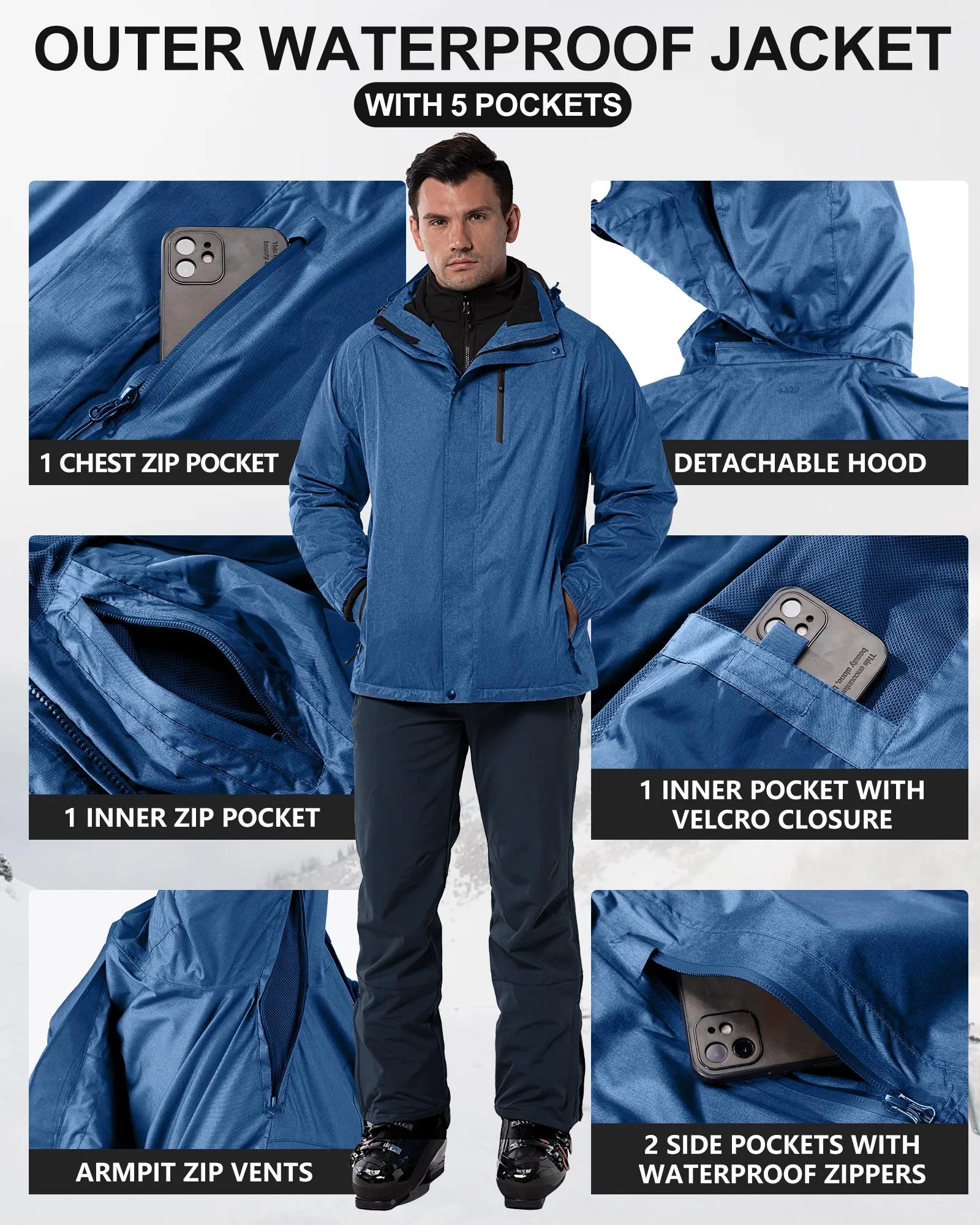 10000mm W/P Index 5000 Level Breathable Men's 3-in-1 Ski Winter Jacket with Fleece Lined Softshell and 10 zipper pockets