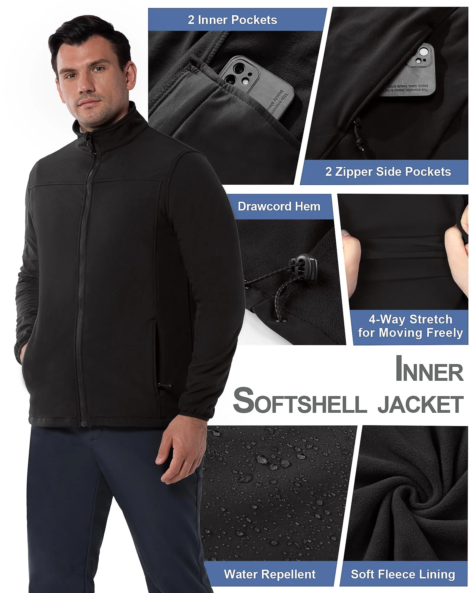 10000mm W/P Index 5000 Level Breathable Men's 3-in-1 Ski Winter Jacket with Fleece Lined Softshell and 10 zipper pockets