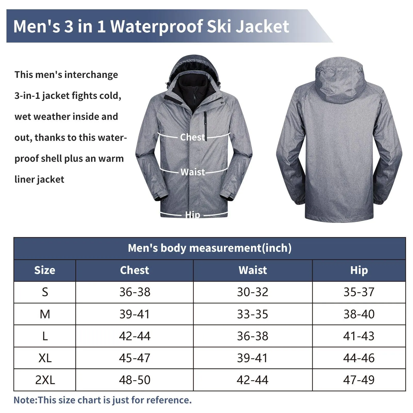 10000mm W/P Index 5000 Level Breathable Men's 3-in-1 Ski Winter Jacket with Fleece Lined Softshell and 10 zipper pockets