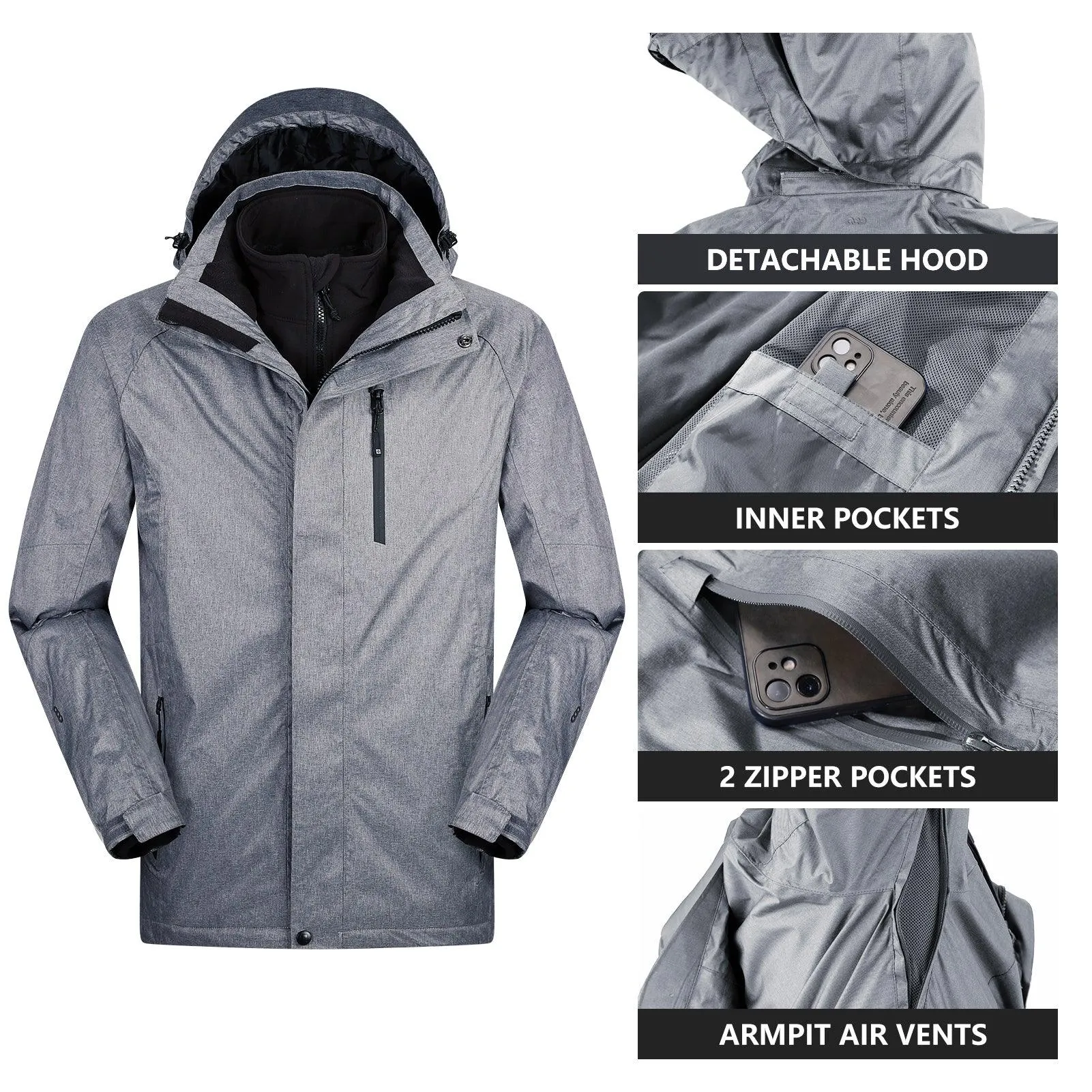 10000mm W/P Index 5000 Level Breathable Men's 3-in-1 Ski Winter Jacket with Fleece Lined Softshell and 10 zipper pockets