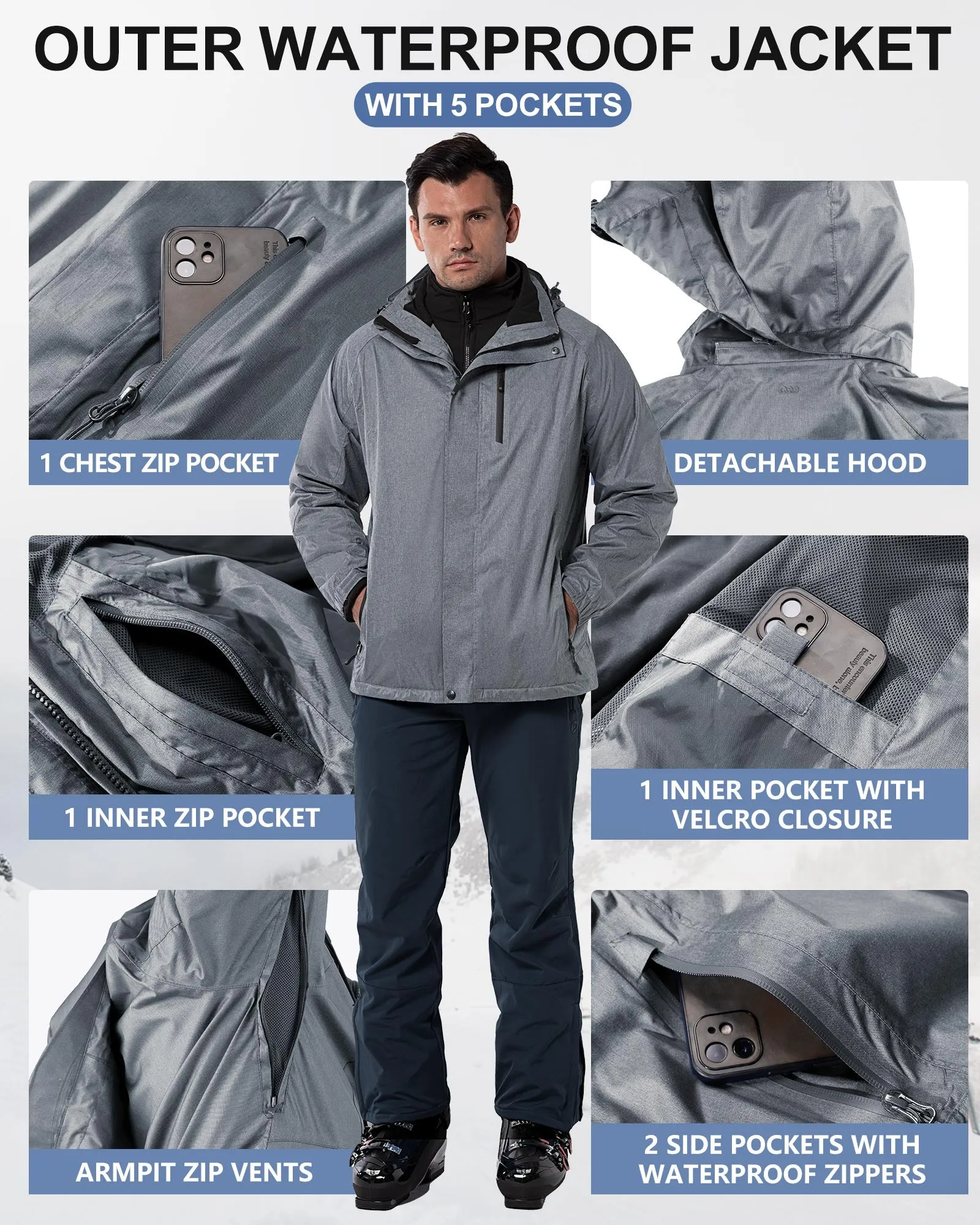 10000mm W/P Index 5000 Level Breathable Men's 3-in-1 Ski Winter Jacket with Fleece Lined Softshell and 10 zipper pockets