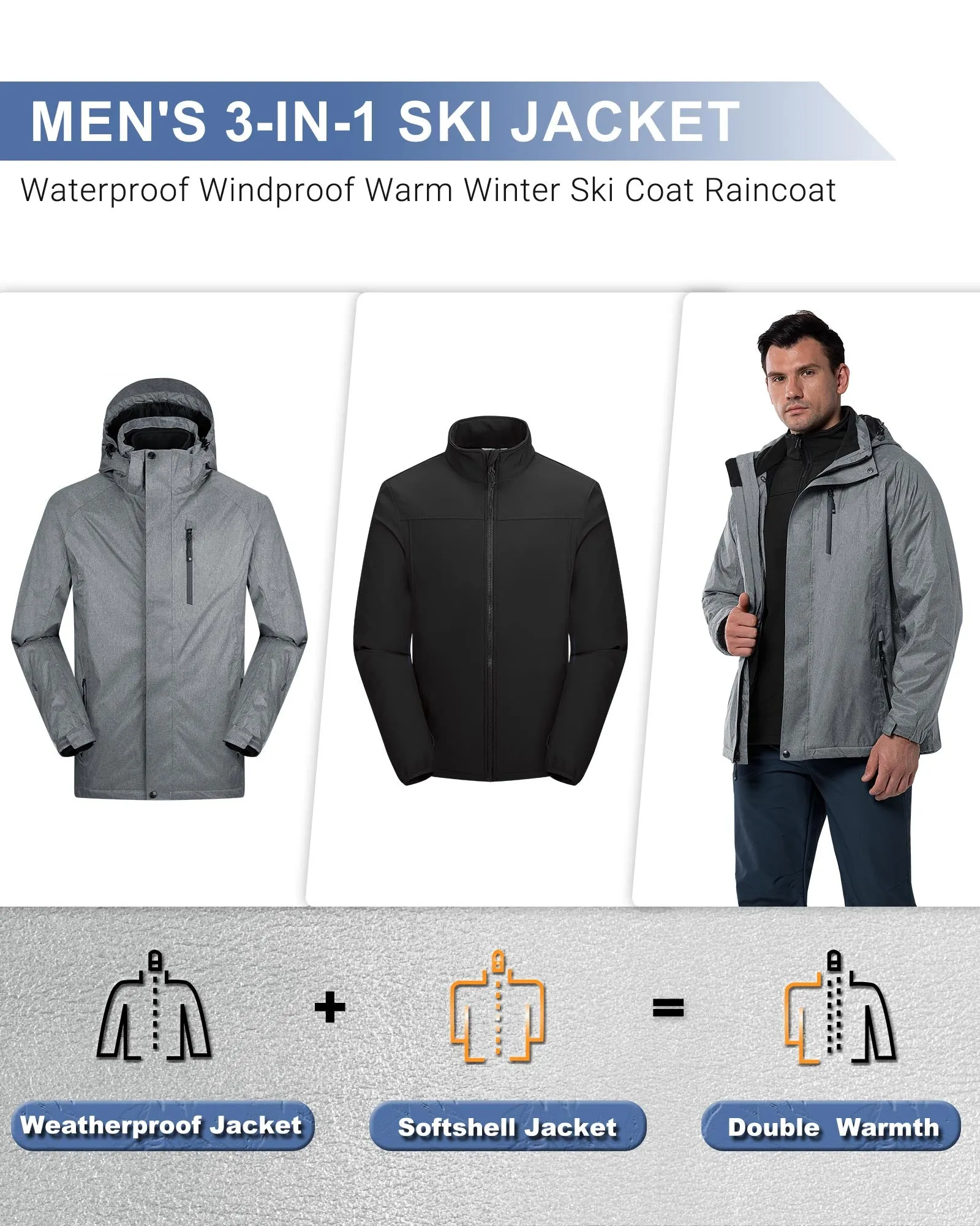 10000mm W/P Index 5000 Level Breathable Men's 3-in-1 Ski Winter Jacket with Fleece Lined Softshell and 10 zipper pockets