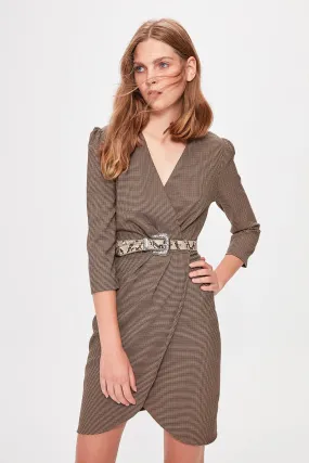 12758 Brown Check Wrap Skirt Dress