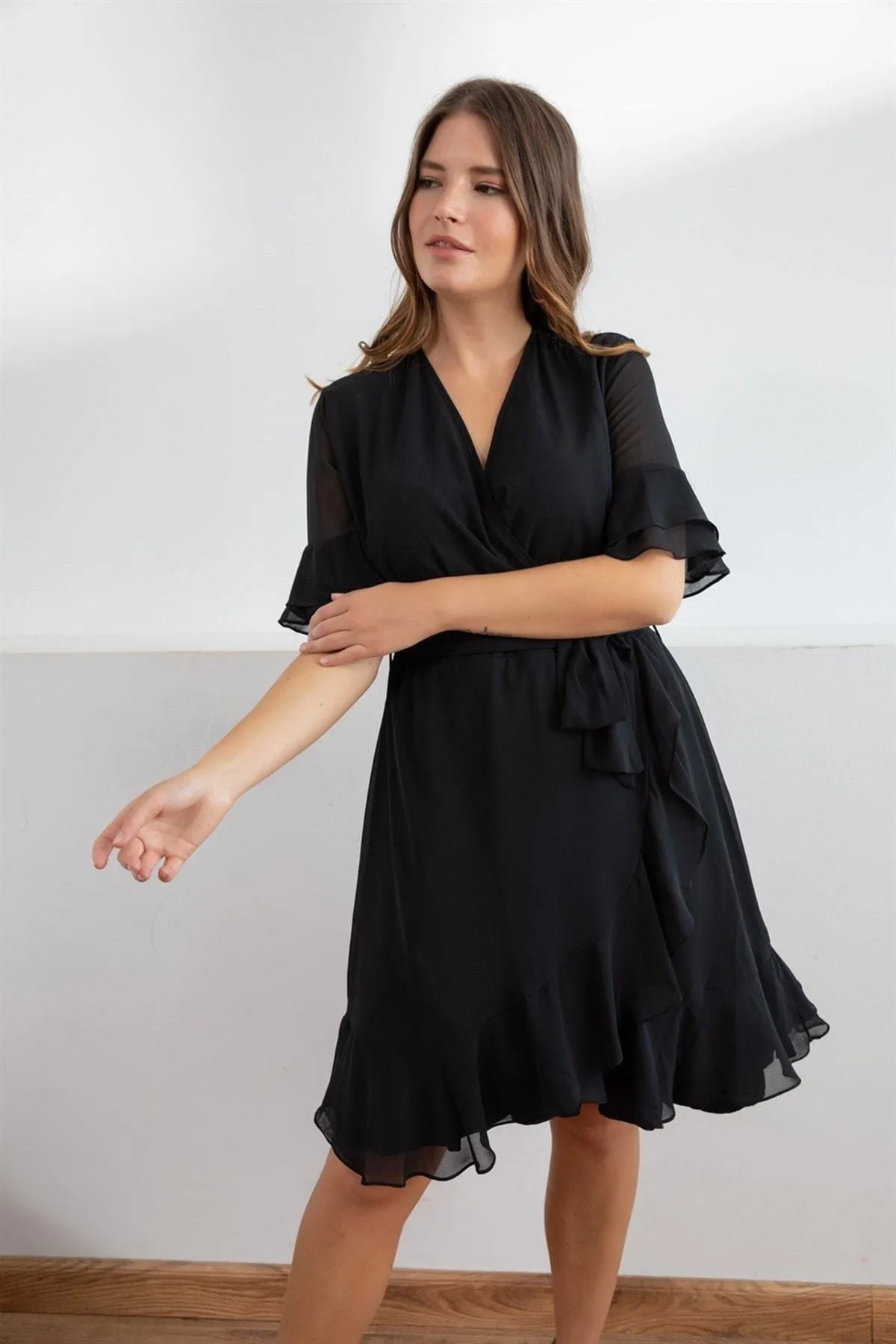 12759 Black Chiffon Wrap Dress