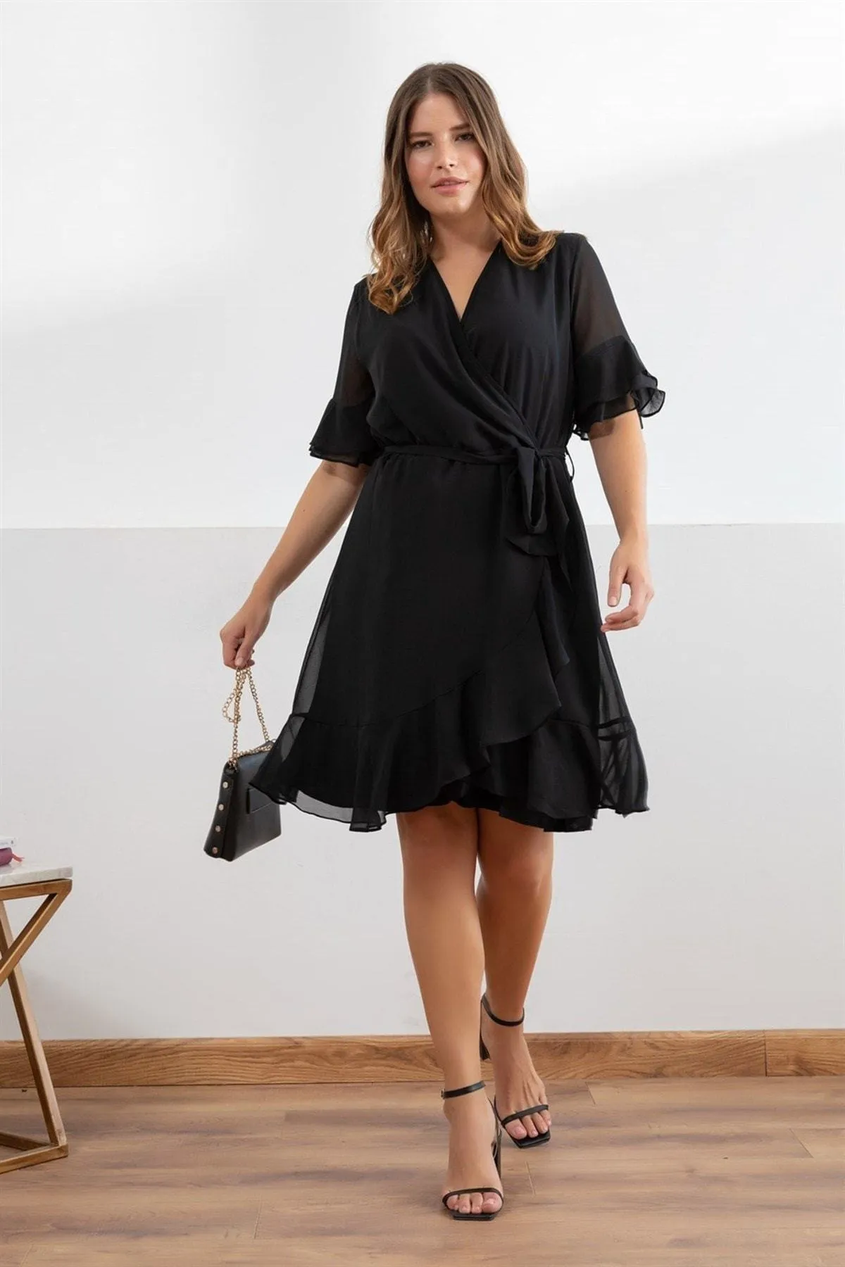 12759 Black Chiffon Wrap Dress