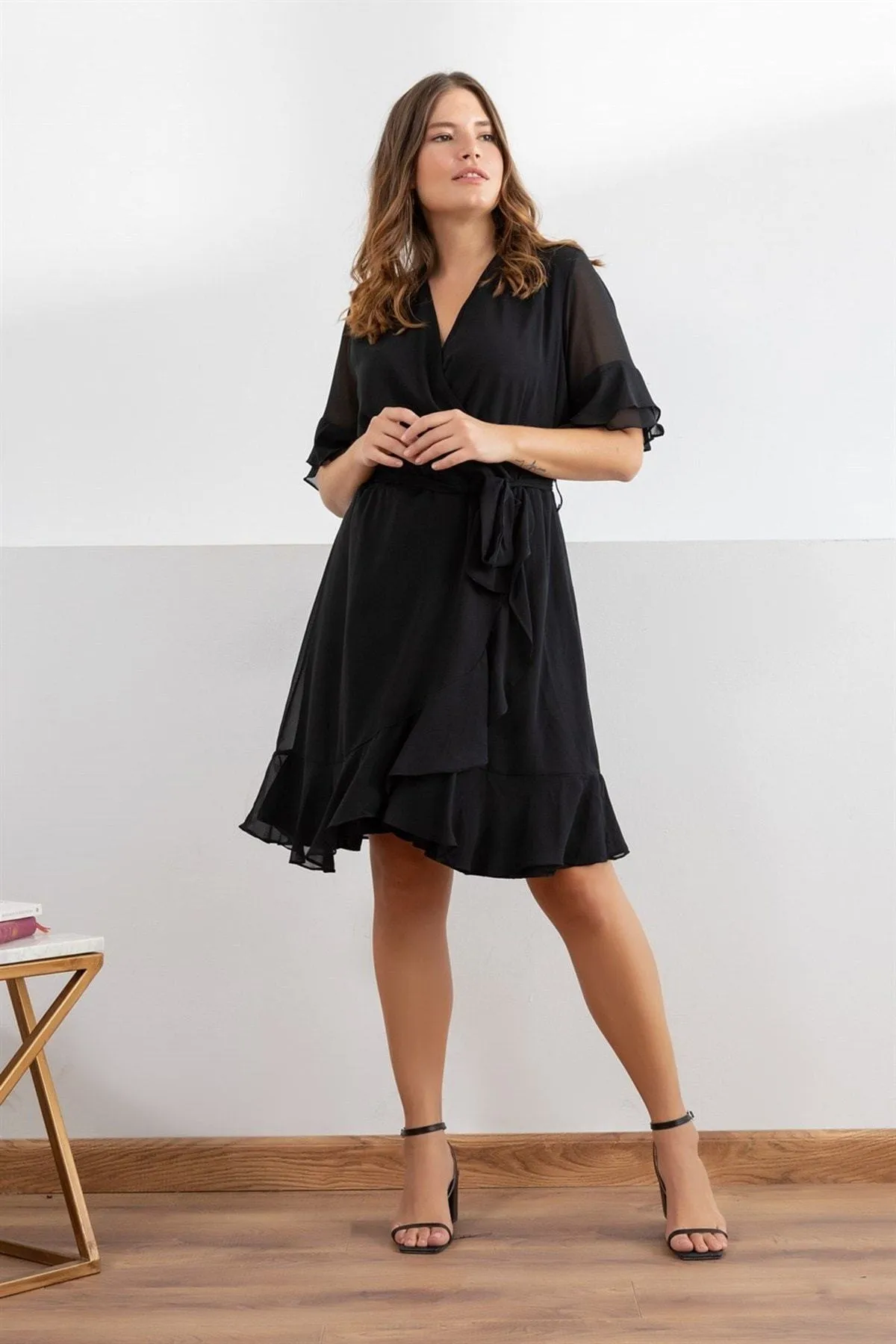 12759 Black Chiffon Wrap Dress