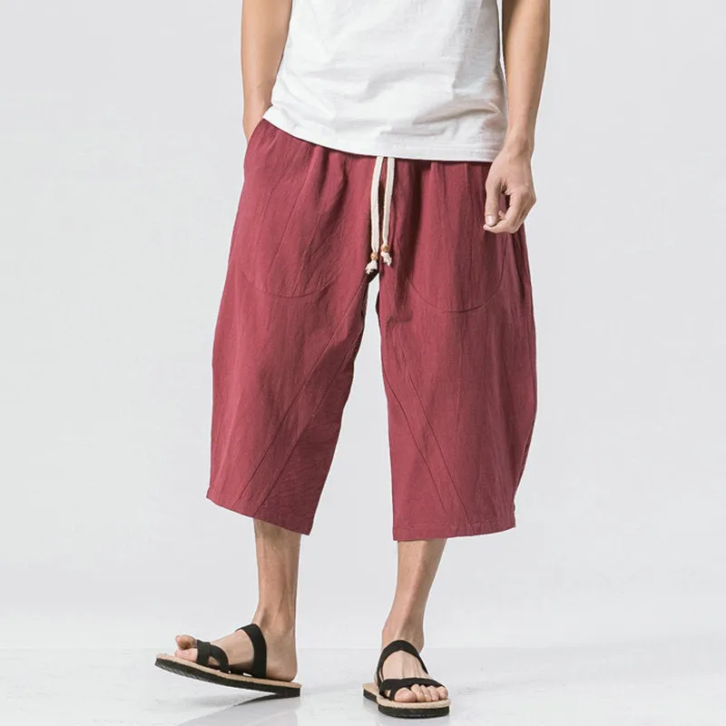 2023 Man Cotton Linen Wild Leg Pants Casual Loose Calf-Length Pants Man Bloomers Summer Baggy Male Traditional Pants Trousers