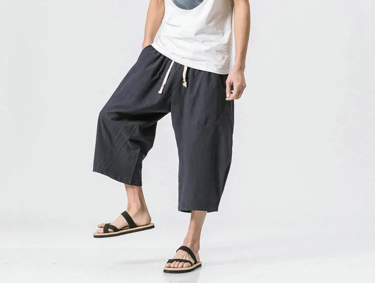 2023 Man Cotton Linen Wild Leg Pants Casual Loose Calf-Length Pants Man Bloomers Summer Baggy Male Traditional Pants Trousers