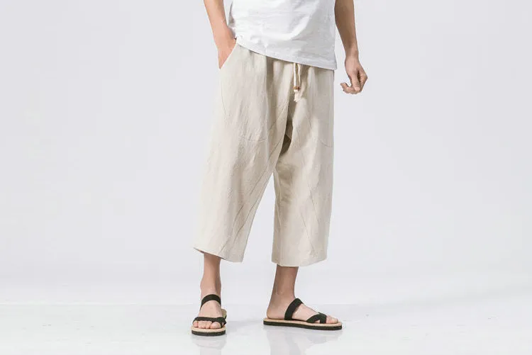 2023 Man Cotton Linen Wild Leg Pants Casual Loose Calf-Length Pants Man Bloomers Summer Baggy Male Traditional Pants Trousers