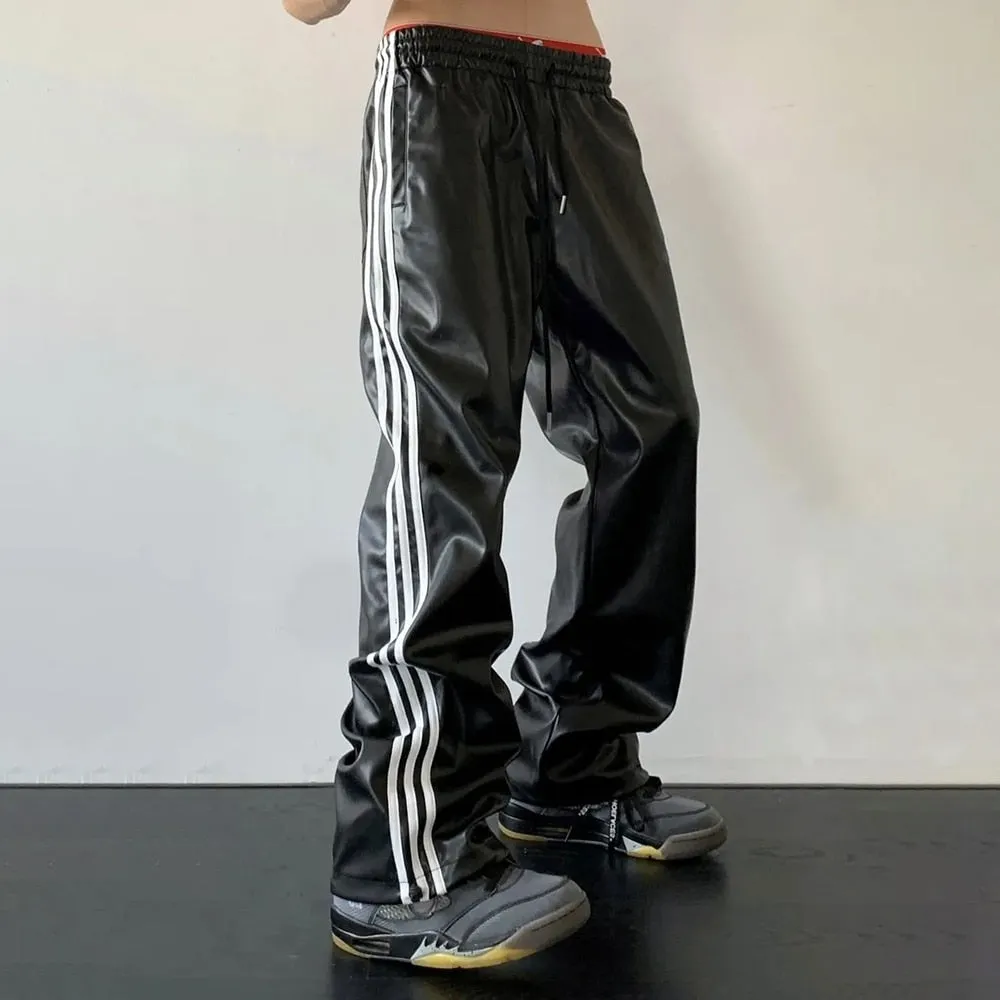 2023 New Men&#39;s Spring Autumn Loose Straight Casual Mopping Sense Wide-leg Sports Pants High Street Style Leather Pants