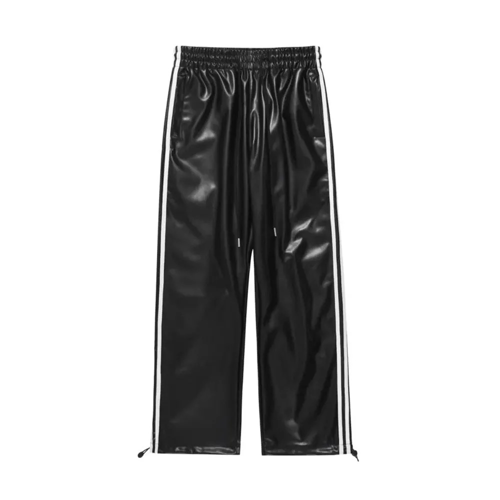 2023 New Men&#39;s Spring Autumn Loose Straight Casual Mopping Sense Wide-leg Sports Pants High Street Style Leather Pants