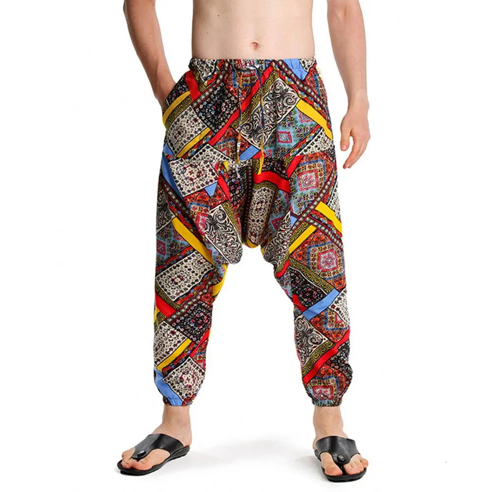 2024 Bohemian Totem Casual Retro Loose Men Harem Pants Yoga Novel Printed Loose Pants Belt Mens Beach Fashion Design Pocket Pant