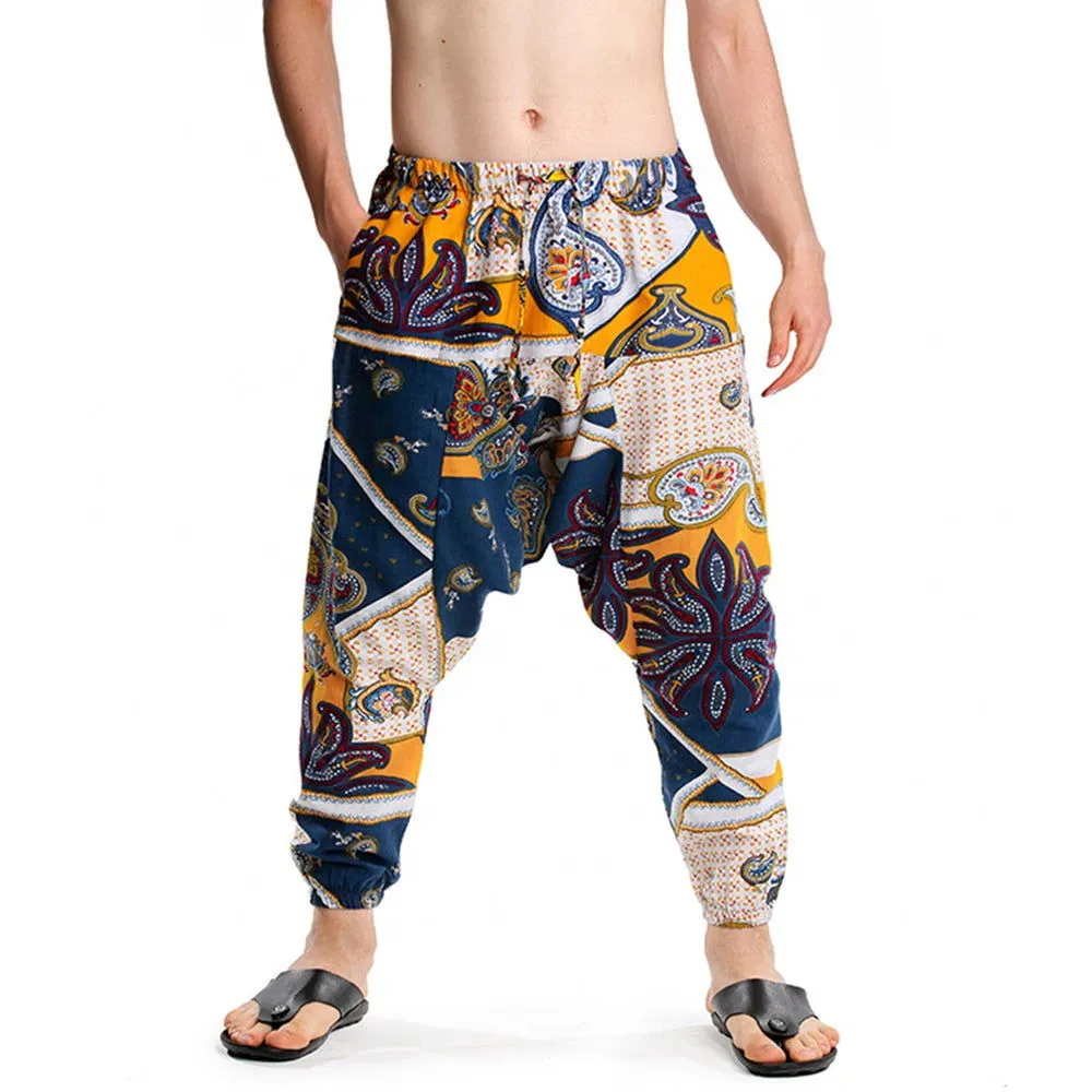 2024 Bohemian Totem Casual Retro Loose Men Harem Pants Yoga Novel Printed Loose Pants Belt Mens Beach Fashion Design Pocket Pant