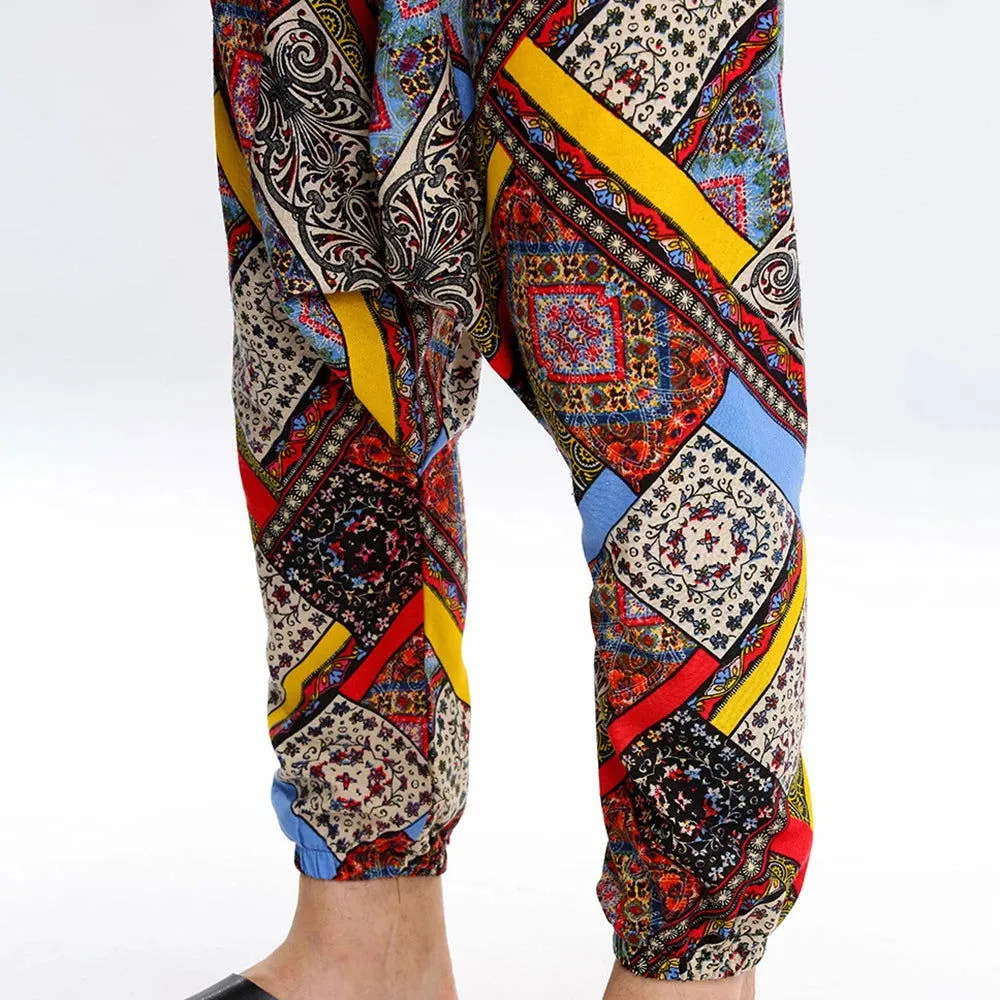 2024 Bohemian Totem Casual Retro Loose Men Harem Pants Yoga Novel Printed Loose Pants Belt Mens Beach Fashion Design Pocket Pant