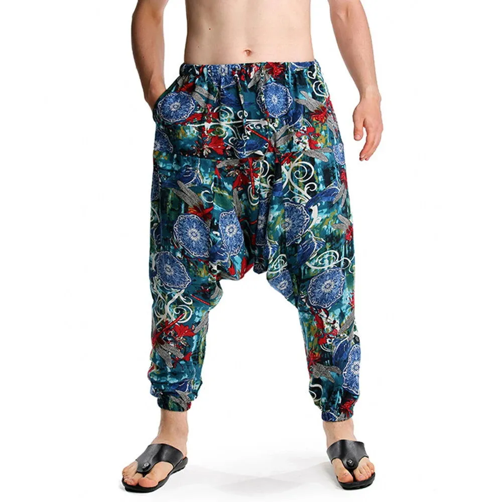 2024 Bohemian Totem Casual Retro Loose Men Harem Pants Yoga Novel Printed Loose Pants Belt Mens Beach Fashion Design Pocket Pant