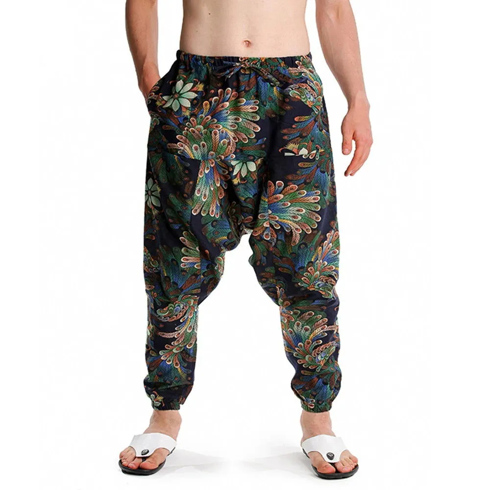 2024 Bohemian Totem Casual Retro Loose Men Harem Pants Yoga Novel Printed Loose Pants Belt Mens Beach Fashion Design Pocket Pant