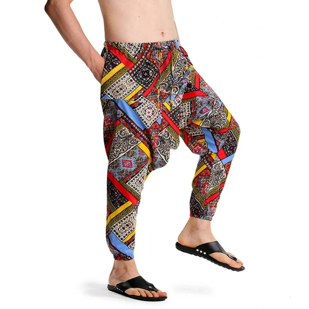 2024 Bohemian Totem Casual Retro Loose Men Harem Pants Yoga Novel Printed Loose Pants Belt Mens Beach Fashion Design Pocket Pant