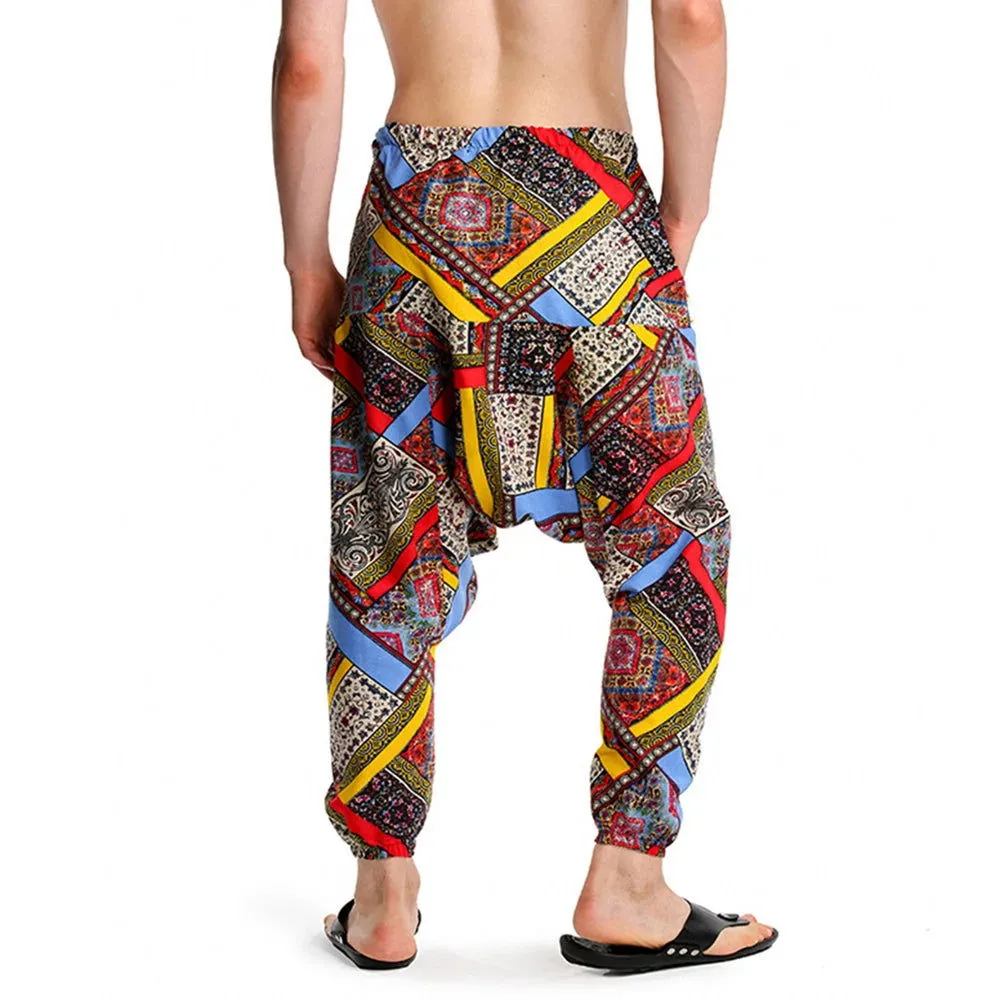 2024 Bohemian Totem Casual Retro Loose Men Harem Pants Yoga Novel Printed Loose Pants Belt Mens Beach Fashion Design Pocket Pant