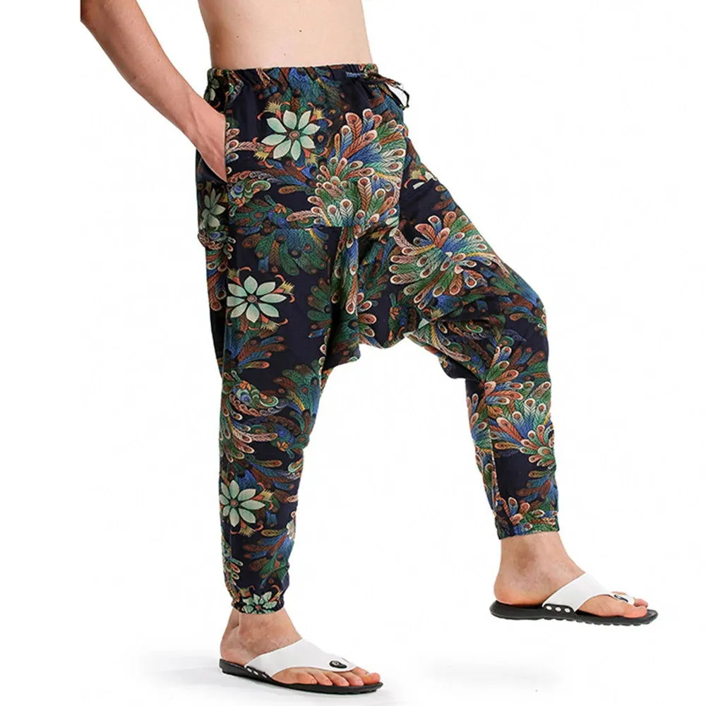 2024 Bohemian Totem Casual Retro Loose Men Harem Pants Yoga Novel Printed Loose Pants Belt Mens Beach Fashion Design Pocket Pant