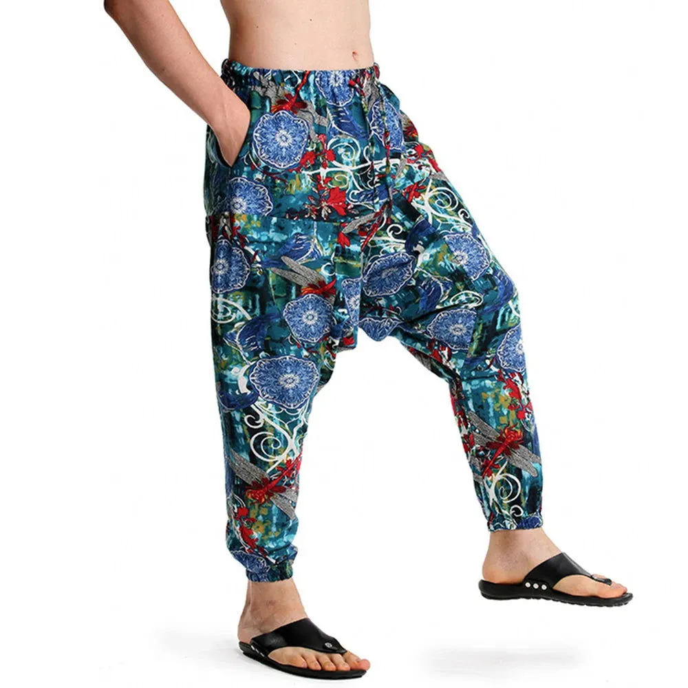 2024 Bohemian Totem Casual Retro Loose Men Harem Pants Yoga Novel Printed Loose Pants Belt Mens Beach Fashion Design Pocket Pant