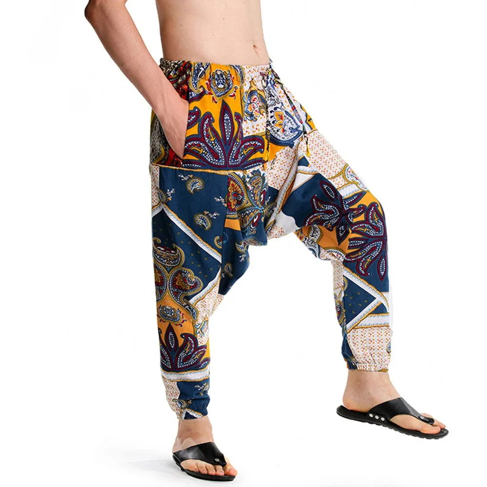 2024 Bohemian Totem Casual Retro Loose Men Harem Pants Yoga Novel Printed Loose Pants Belt Mens Beach Fashion Design Pocket Pant