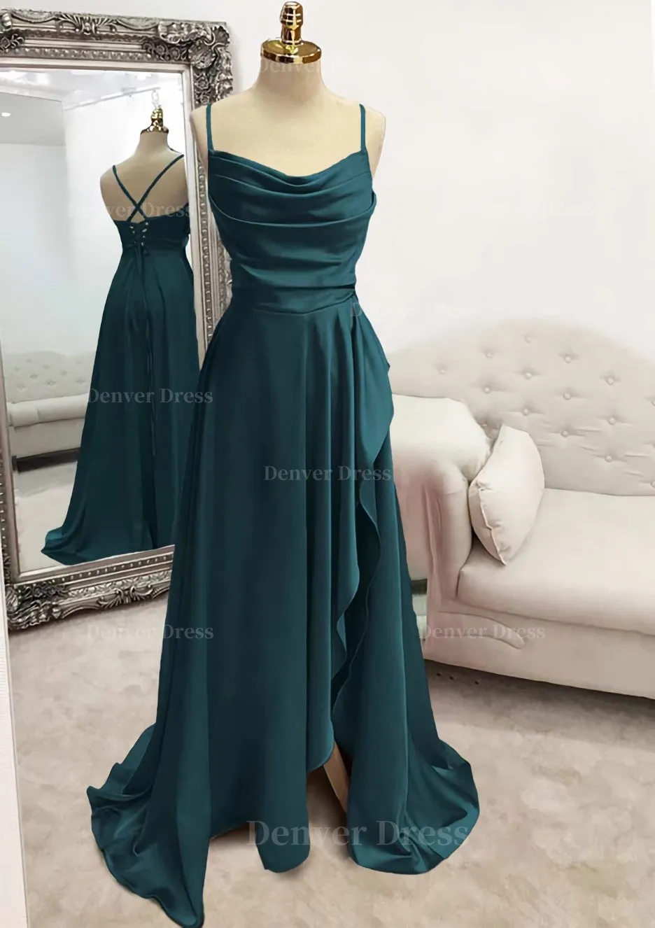 A-line Bateau Spaghetti Straps Long/Floor-Length Satin Prom Dress With Pleated Split