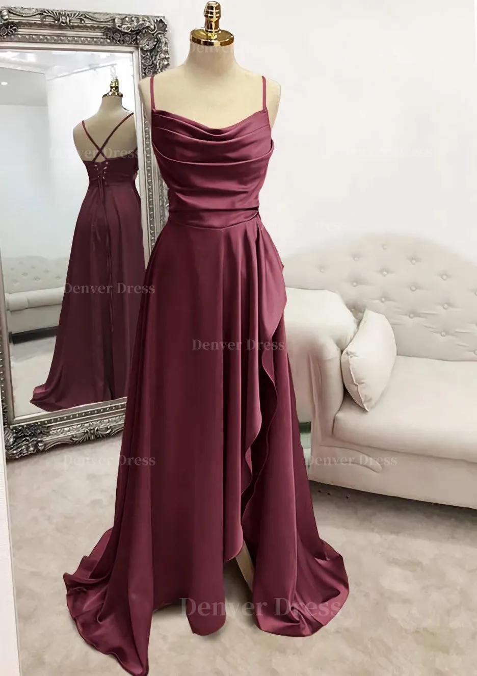 A-line Bateau Spaghetti Straps Long/Floor-Length Satin Prom Dress With Pleated Split