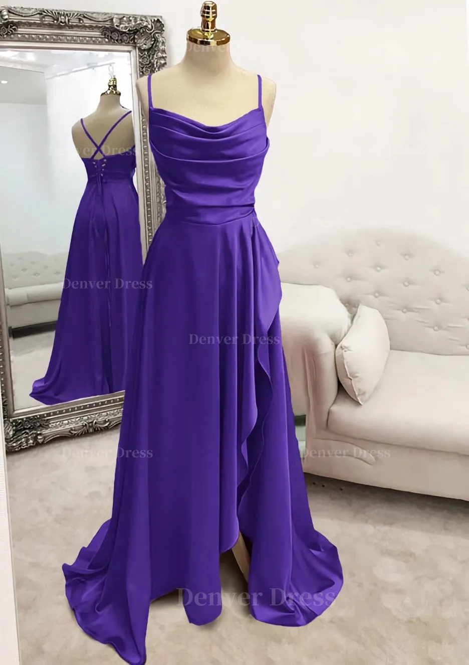 A-line Bateau Spaghetti Straps Long/Floor-Length Satin Prom Dress With Pleated Split