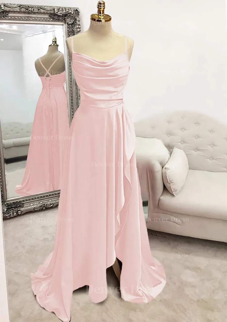 A-line Bateau Spaghetti Straps Long/Floor-Length Satin Prom Dress With Pleated Split