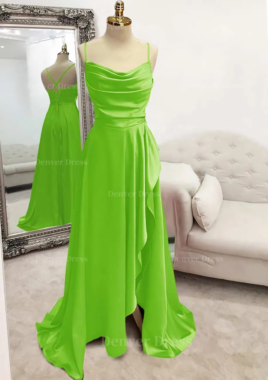 A-line Bateau Spaghetti Straps Long/Floor-Length Satin Prom Dress With Pleated Split