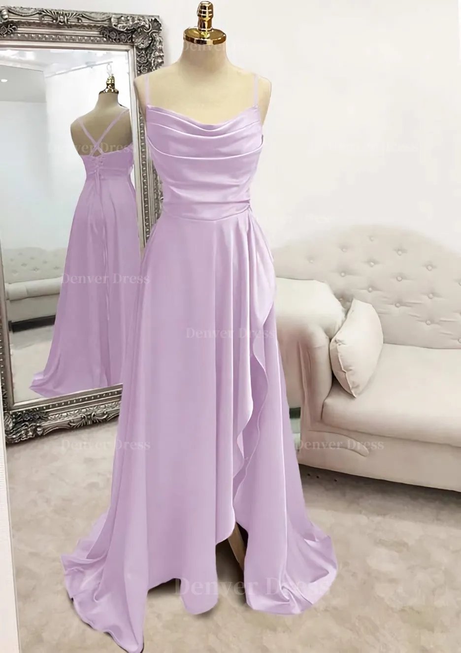 A-line Bateau Spaghetti Straps Long/Floor-Length Satin Prom Dress With Pleated Split