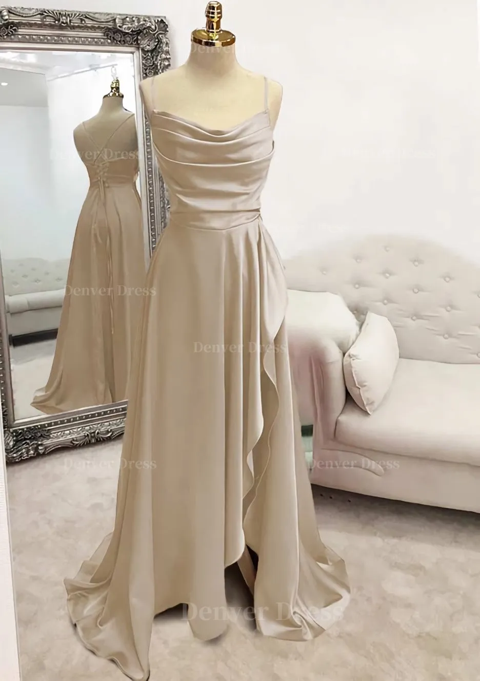 A-line Bateau Spaghetti Straps Long/Floor-Length Satin Prom Dress With Pleated Split