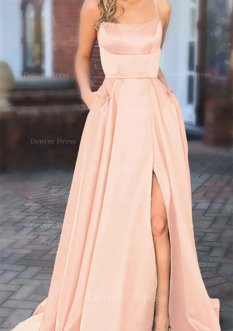 A-line Square Neckline Spaghetti Straps Sweep Train Charmeuse Prom Dress With Pockets Split