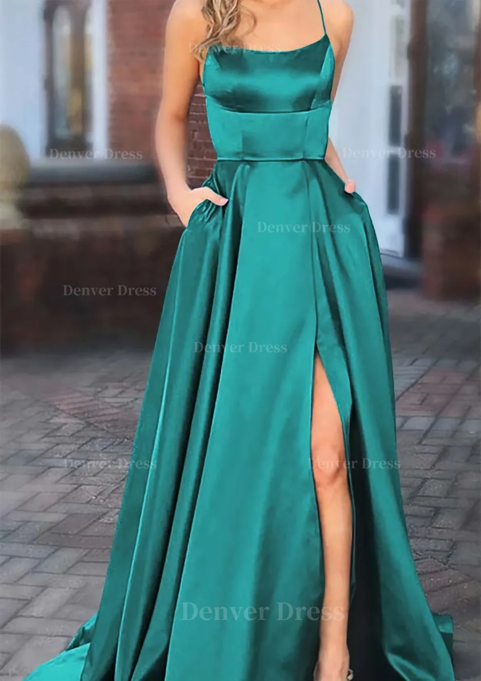 A-line Square Neckline Spaghetti Straps Sweep Train Charmeuse Prom Dress With Pockets Split