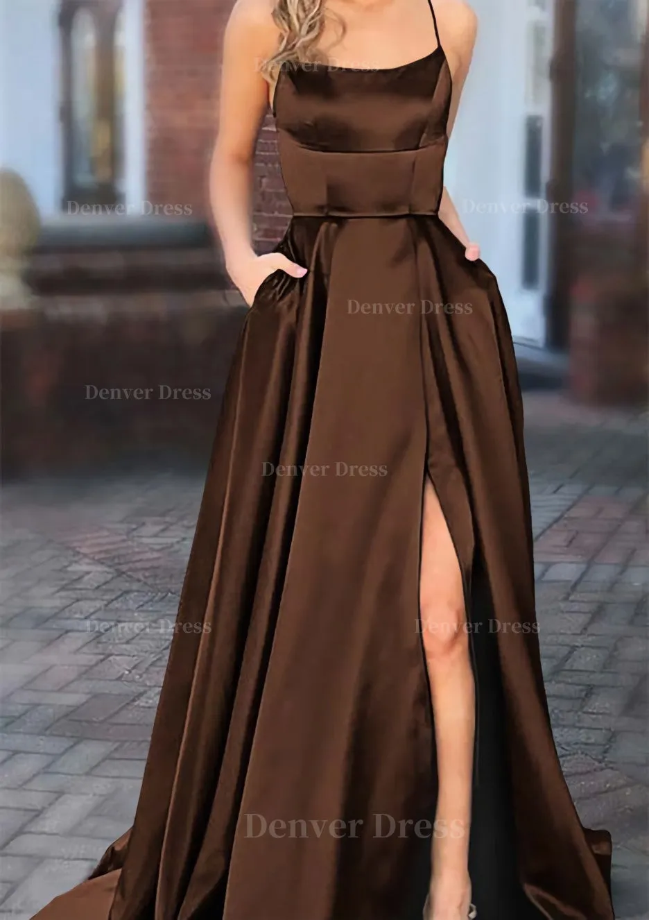 A-line Square Neckline Spaghetti Straps Sweep Train Charmeuse Prom Dress With Pockets Split