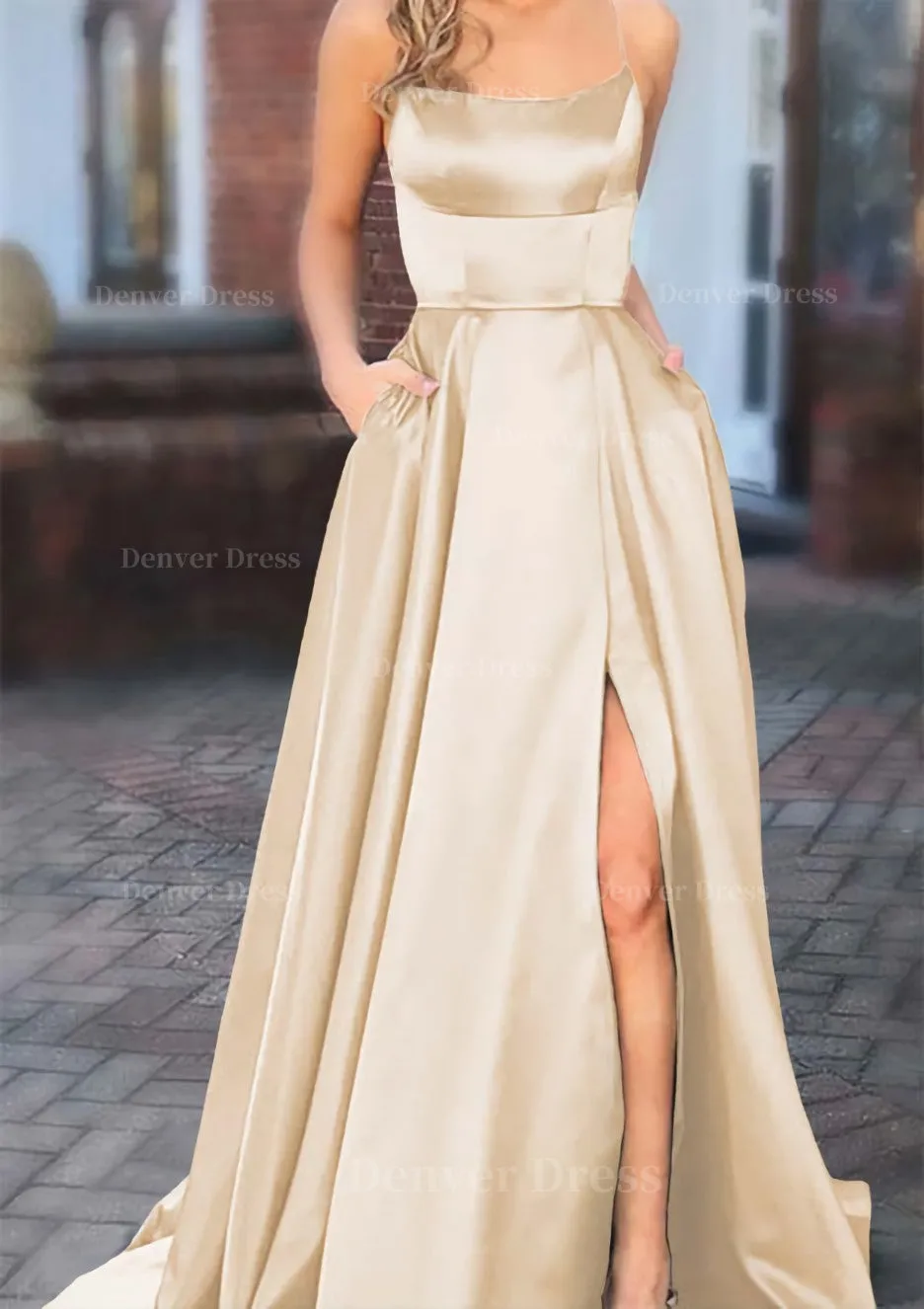 A-line Square Neckline Spaghetti Straps Sweep Train Charmeuse Prom Dress With Pockets Split