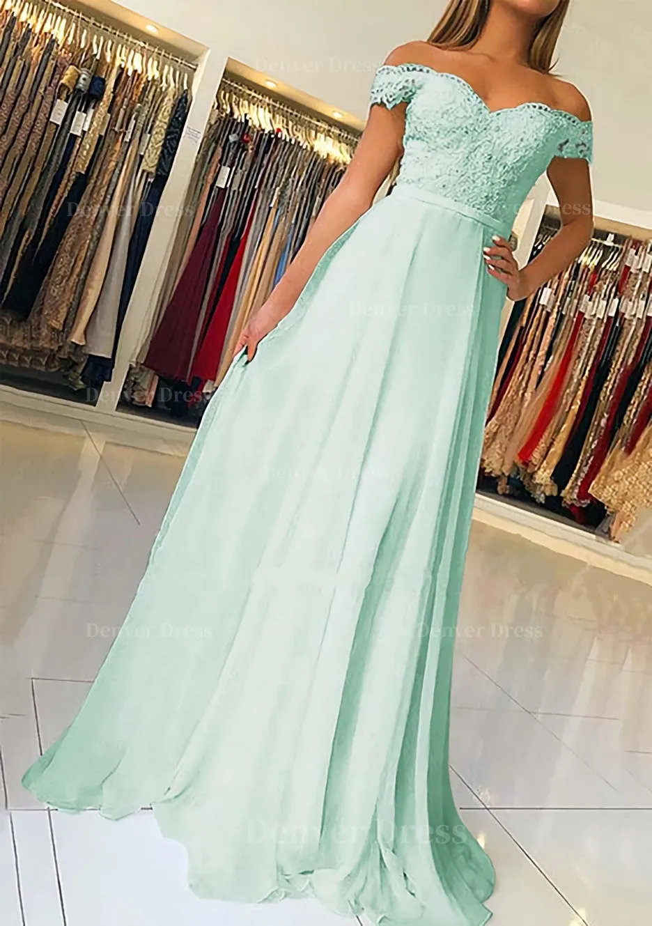 A-line/Princess Off-the-Shoulder Short Sleeve Sweep Train Chiffon Prom Dress With Beading Appliqued