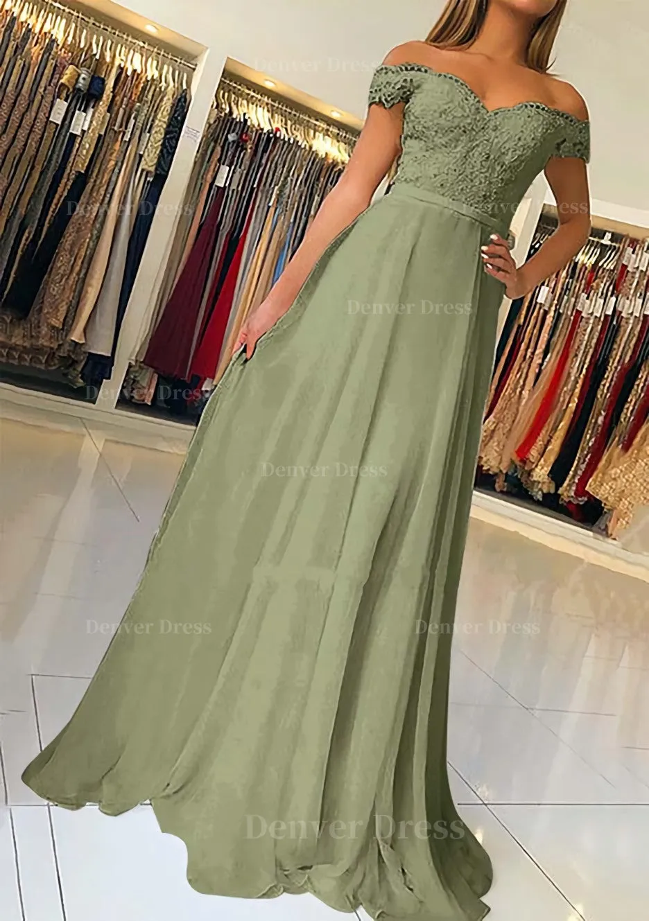 A-line/Princess Off-the-Shoulder Short Sleeve Sweep Train Chiffon Prom Dress With Beading Appliqued