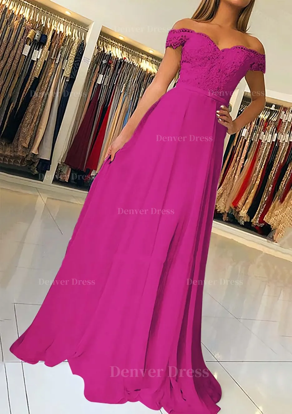 A-line/Princess Off-the-Shoulder Short Sleeve Sweep Train Chiffon Prom Dress With Beading Appliqued