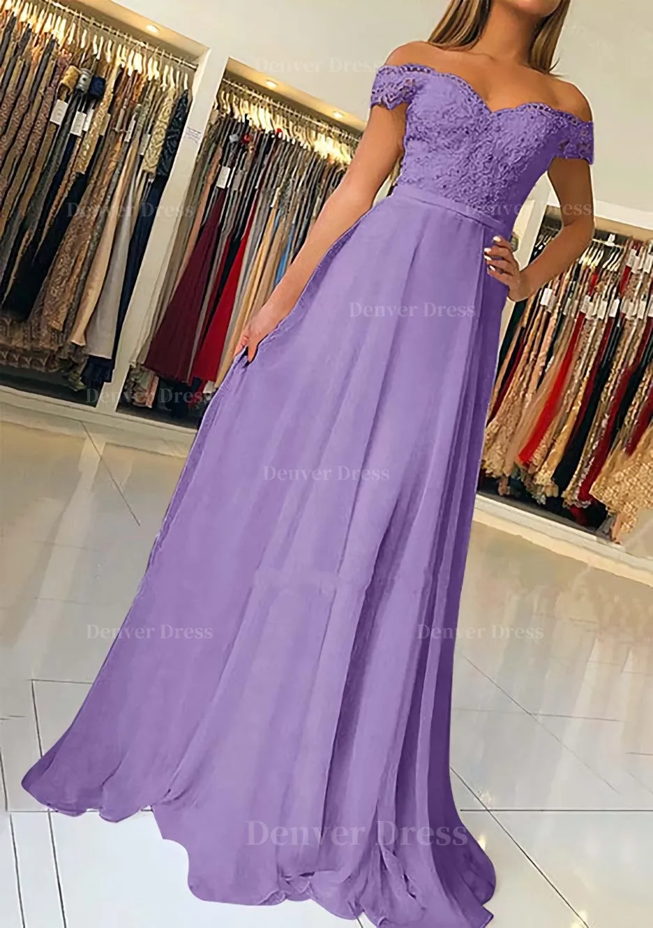 A-line/Princess Off-the-Shoulder Short Sleeve Sweep Train Chiffon Prom Dress With Beading Appliqued