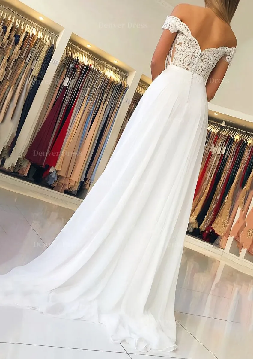 A-line/Princess Off-the-Shoulder Short Sleeve Sweep Train Chiffon Prom Dress With Beading Appliqued