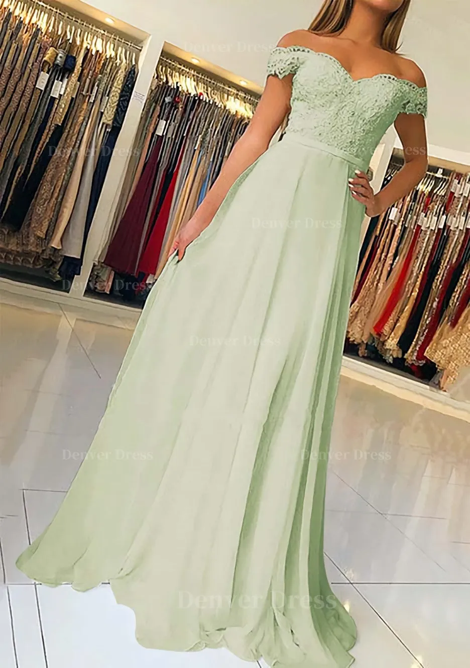 A-line/Princess Off-the-Shoulder Short Sleeve Sweep Train Chiffon Prom Dress With Beading Appliqued