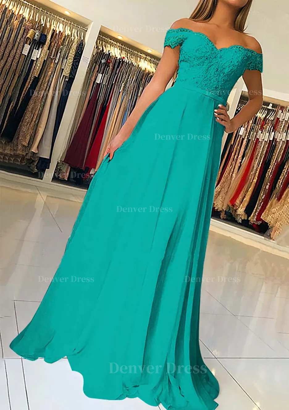 A-line/Princess Off-the-Shoulder Short Sleeve Sweep Train Chiffon Prom Dress With Beading Appliqued