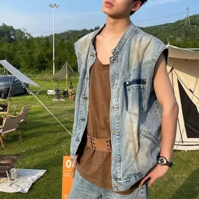 Advbridge  Y2k Old Denim Jacket Summer Tide Brand Western Denim Sleeveless Vest Men's American Retro Loose Casual Waistcoat Top Street Coat