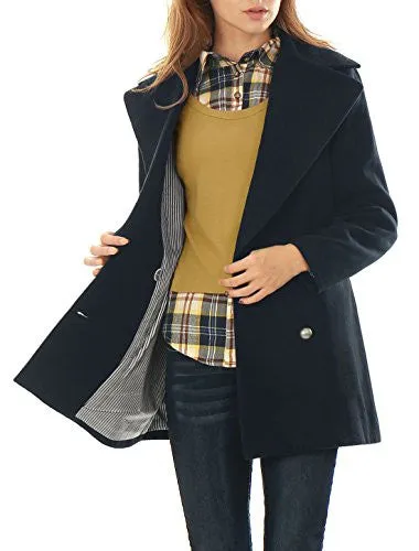 Allegra K Women Turn Down Collar Double Breasted Worsted Coat Blue M