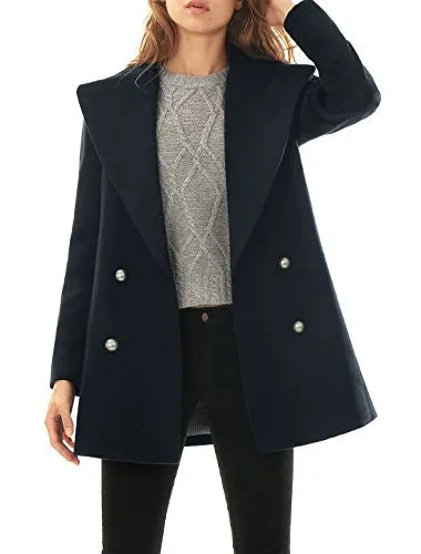 Allegra K Women Turn Down Collar Double Breasted Worsted Coat Blue M