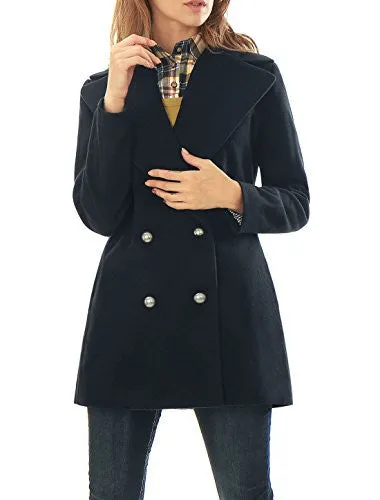 Allegra K Women Turn Down Collar Double Breasted Worsted Coat Blue M